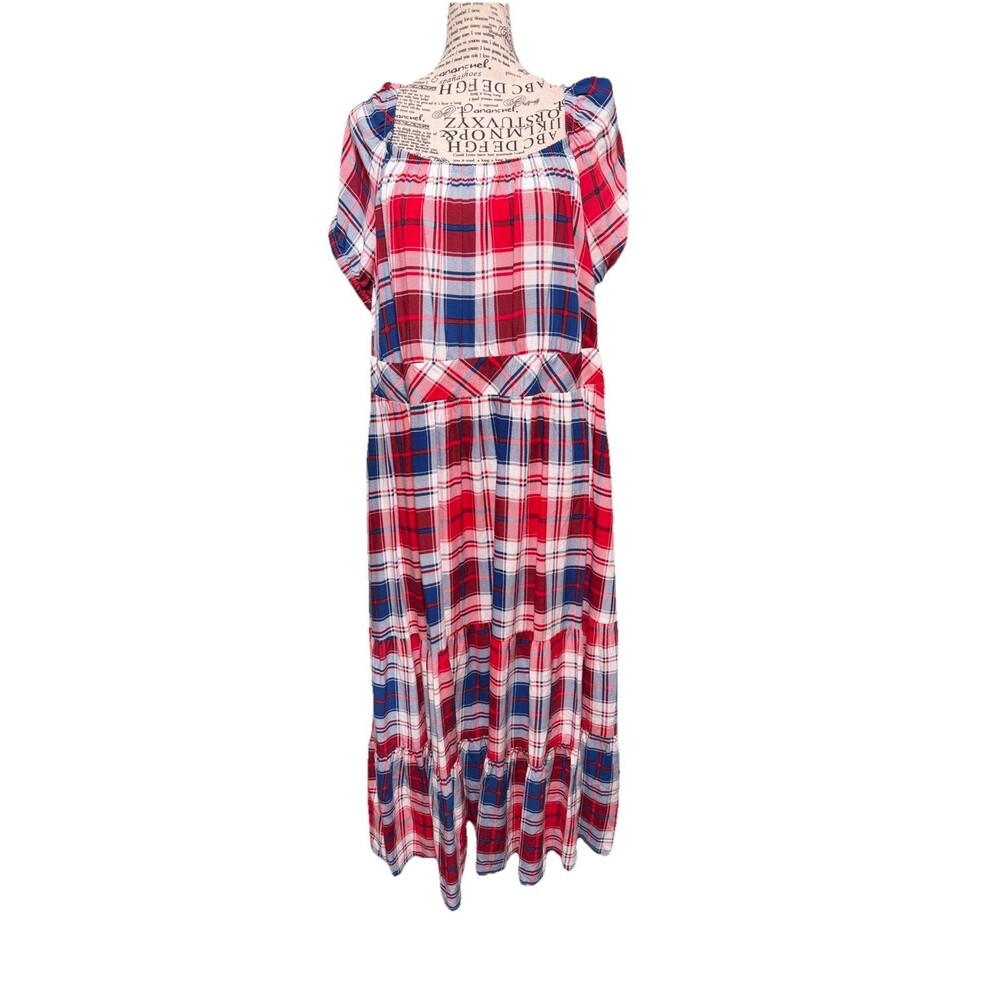 Torrid Americana 2X Maxi Dress Tiers Puff Sleeve Plaid Challis Pockets Festival